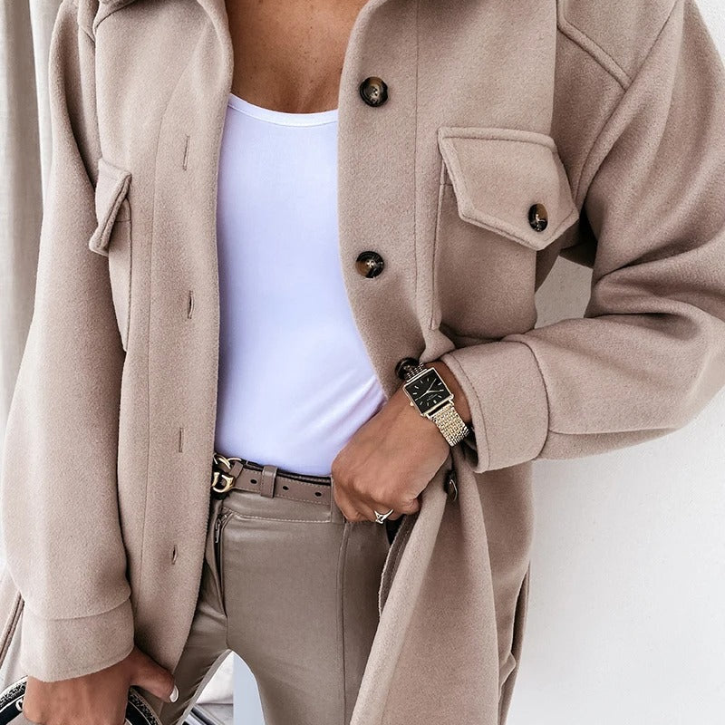 Oversized Button-Front Shirt Jacket with Flap Pockets