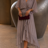 Wrap Midi Dress with Ruffled Hem and V-Neck