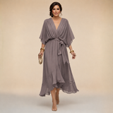 Wrap Midi Dress with Ruffled Hem and V-Neck