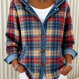 Women's Plaid Hooded Jacket with Button Front and Denim Look Trim