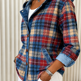 Women's Plaid Hooded Jacket with Button Front and Denim Look Trim