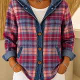 Women's Plaid Hooded Jacket with Button Front and Denim Look Trim