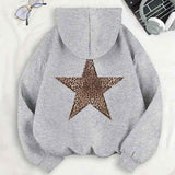 Women's Oversized Sweater with Leopard Print Star Back Design and Hooded Neckline