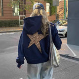 Women's Oversized Sweater with Leopard Print Star Back Design and Hooded Neckline