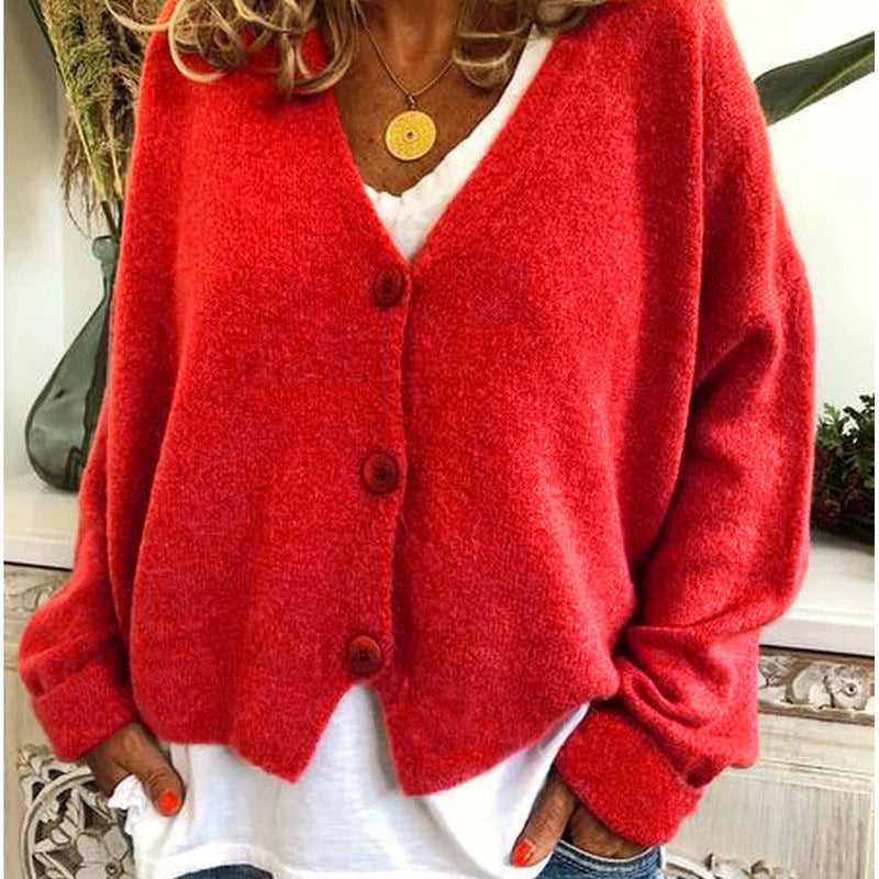 V-Neck Knit Cardigan with Button Front and Long Sleeves