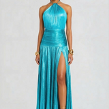 Pleated Halter Maxi Dress with Thigh Slit