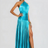 Pleated Halter Maxi Dress with Thigh Slit