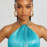 Pleated Halter Maxi Dress with Thigh Slit