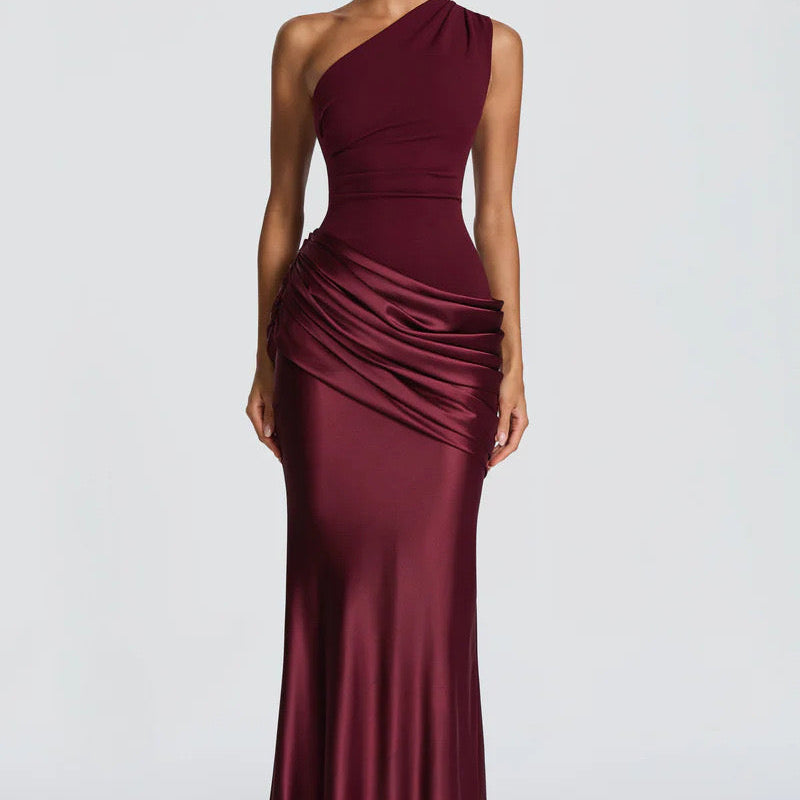 Off-Shoulder Satin Mermaid Maxi Dress with Draped Skirt
