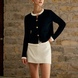 Cropped Contrast Trim Button-Up Knit Cardigan
