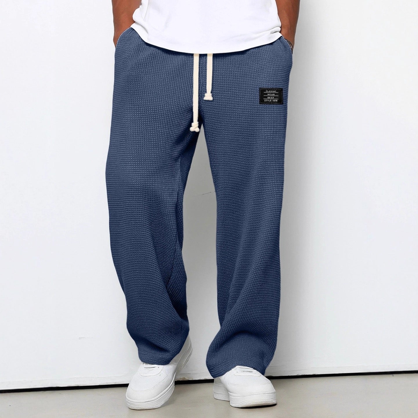Waffle Knit Wide-Leg Sweatpants with Drawstring Waist