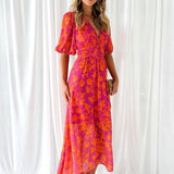 Ruched V-Neck Puff Sleeve Floral Midi Dress