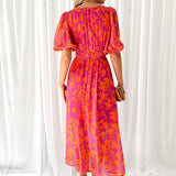Ruched V-Neck Puff Sleeve Floral Midi Dress