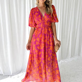 Ruched V-Neck Puff Sleeve Floral Midi Dress