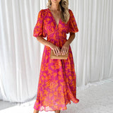 Ruched V-Neck Puff Sleeve Floral Midi Dress