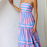 Striped Tiered Maxi Dress with Spaghetti Straps and Square Neck