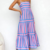 Striped Tiered Maxi Dress with Spaghetti Straps and Square Neck