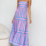 Striped Tiered Maxi Dress with Spaghetti Straps and Square Neck
