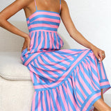 Striped Tiered Maxi Dress with Spaghetti Straps and Square Neck