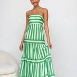 Striped Tiered Maxi Dress with Spaghetti Straps and Square Neck