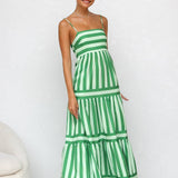 Striped Tiered Maxi Dress with Spaghetti Straps and Square Neck