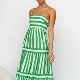 Striped Tiered Maxi Dress with Spaghetti Straps and Square Neck