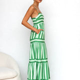 Striped Tiered Maxi Dress with Spaghetti Straps and Square Neck