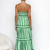 Striped Tiered Maxi Dress with Spaghetti Straps and Square Neck