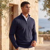 Quarter-Zip Sweater with Stand Collar and Ribbed Trim