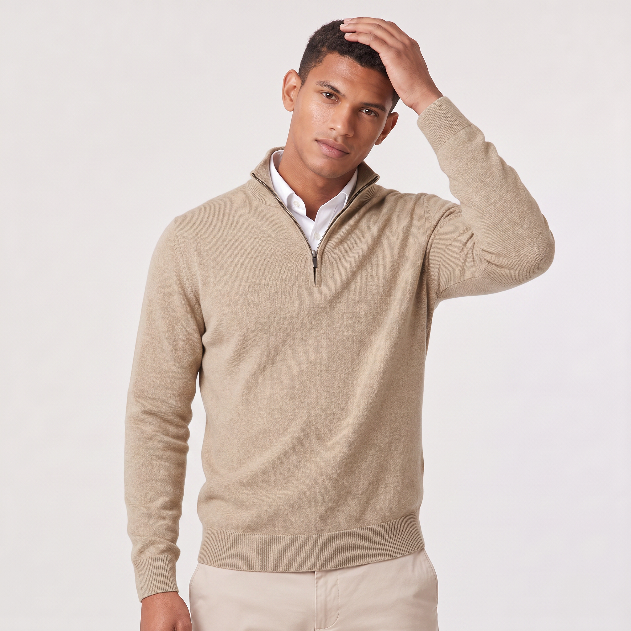 Quarter-Zip Sweater with Stand Collar and Ribbed Trim