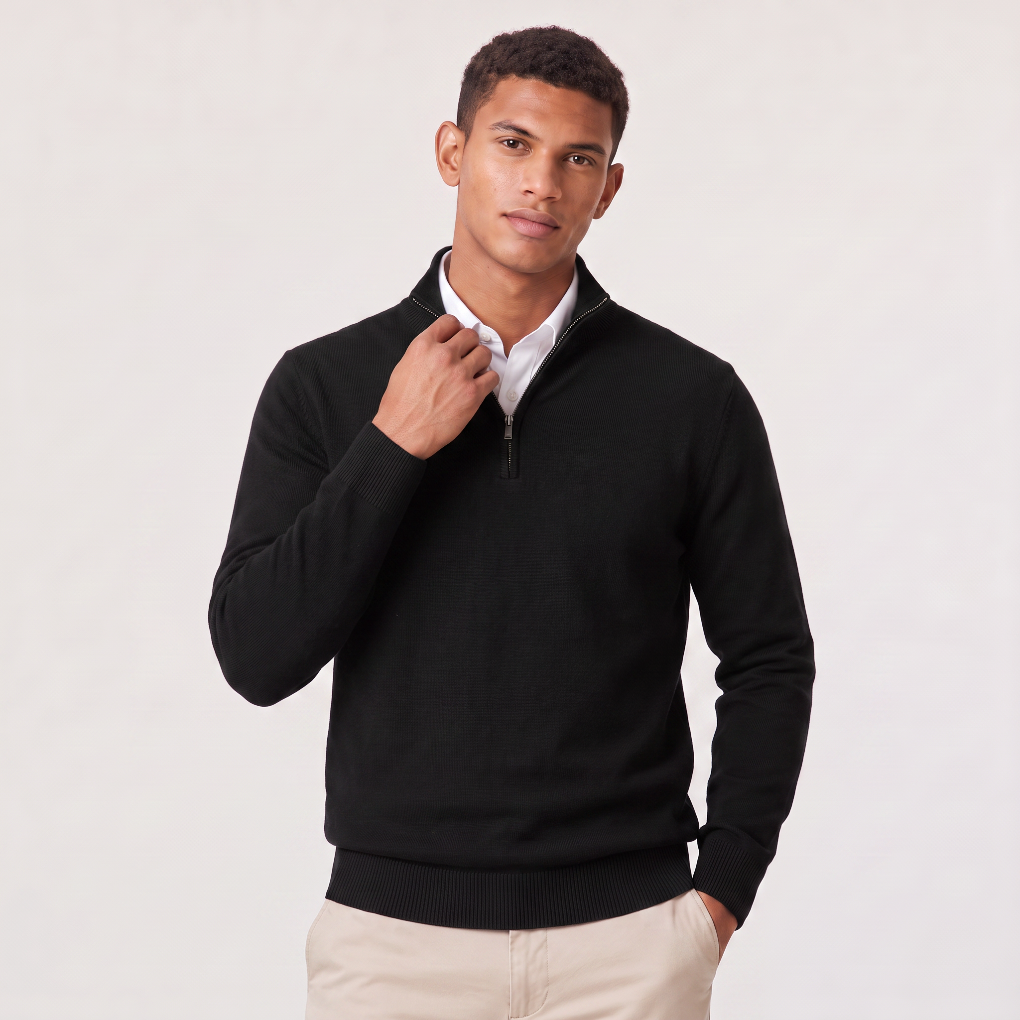 Quarter-Zip Sweater with Stand Collar and Ribbed Trim