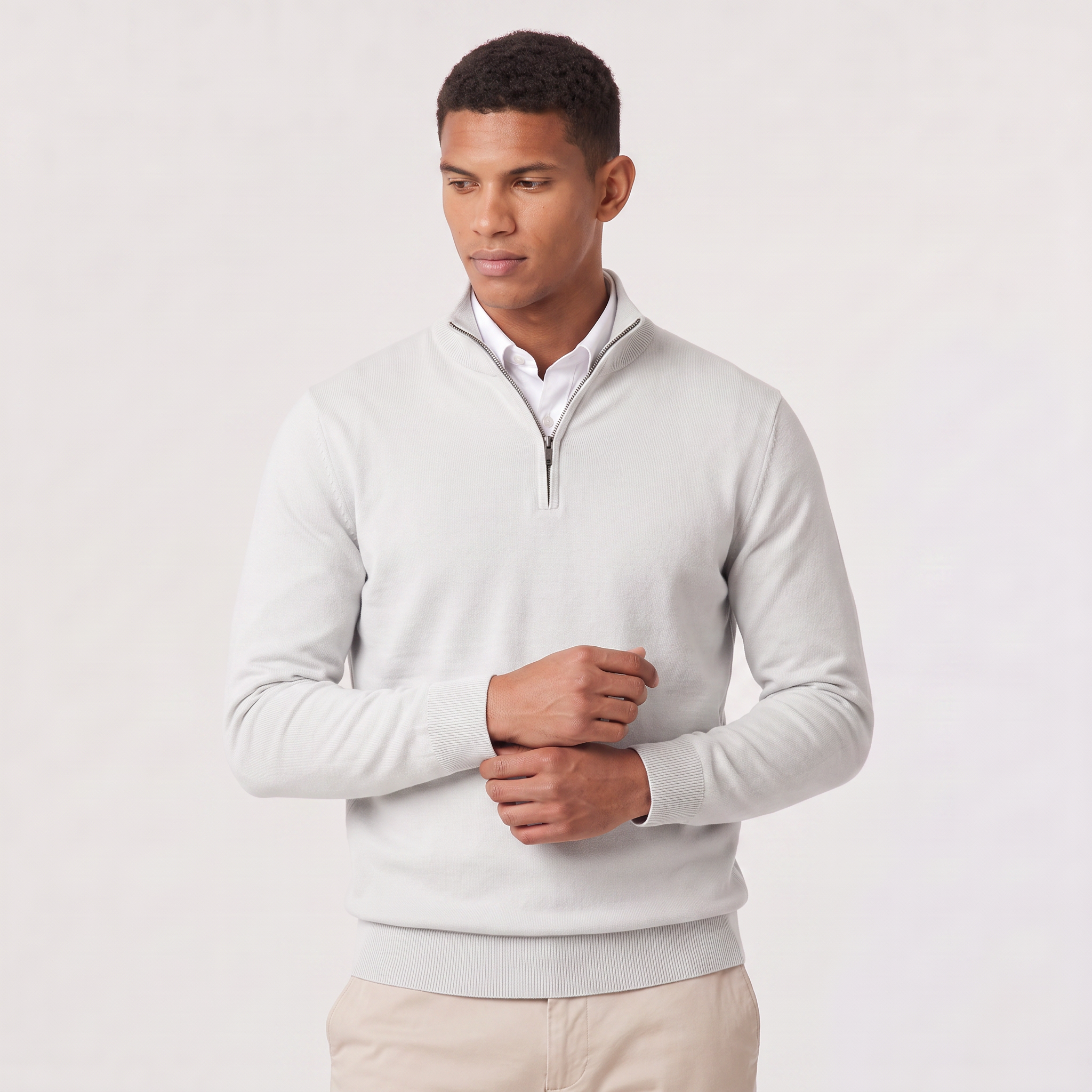Quarter-Zip Sweater with Stand Collar and Ribbed Trim