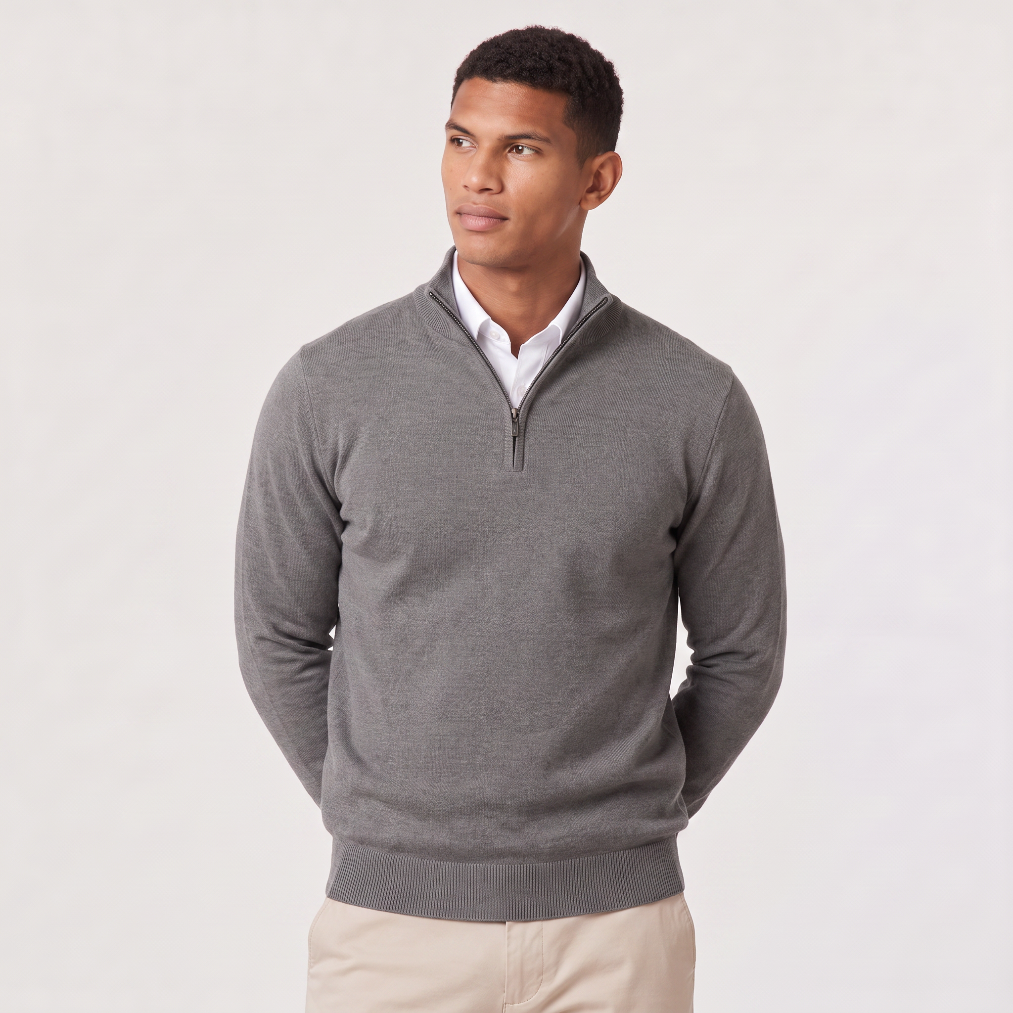 Quarter-Zip Sweater with Stand Collar and Ribbed Trim