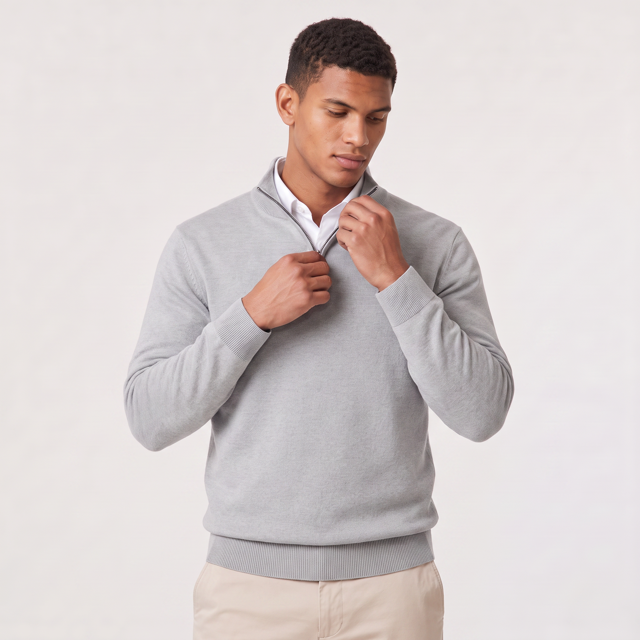 Quarter-Zip Sweater with Stand Collar and Ribbed Trim