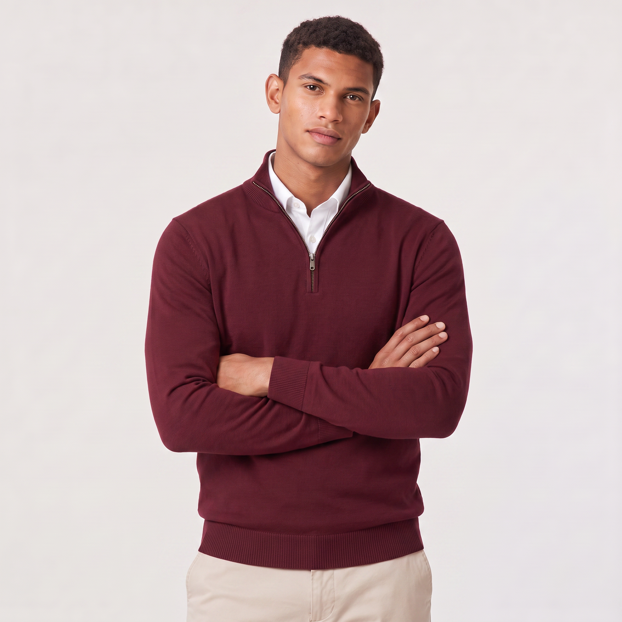 Quarter-Zip Sweater with Stand Collar and Ribbed Trim