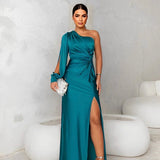 Ruched Satin Maxi Dress with One-Shoulder Neckline and Side Slit