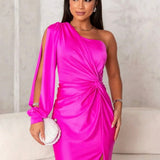 Ruched Satin Maxi Dress with One-Shoulder Neckline and Side Slit