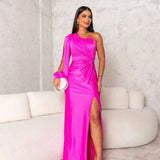 Ruched Satin Maxi Dress with One-Shoulder Neckline and Side Slit