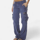Wide-Leg Cargo Pants with Low Rise Waist and Side Pockets