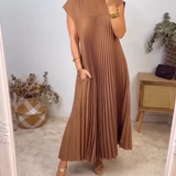 Pleated Maxi Dress with Crew Neck and Cap Sleeves