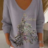 Christmas Sweater for Women V Neck Knit Pullover with Christmas Tree Print and Long Sleeves for Holiday Season