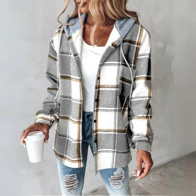 Plaid Hooded Cardigan with Button Front