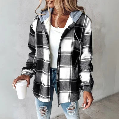 Plaid Hooded Cardigan with Button Front
