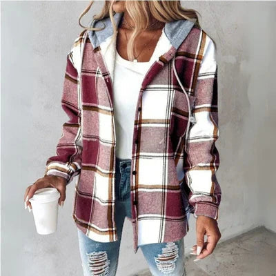 Plaid Hooded Cardigan with Button Front