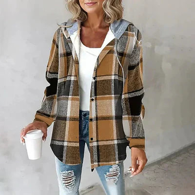 Plaid Hooded Cardigan with Button Front