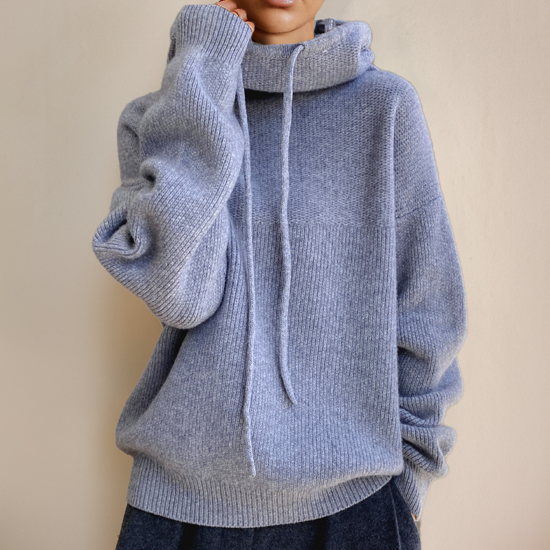 Oversized Knit Hoodie with High Neck and Drawstring