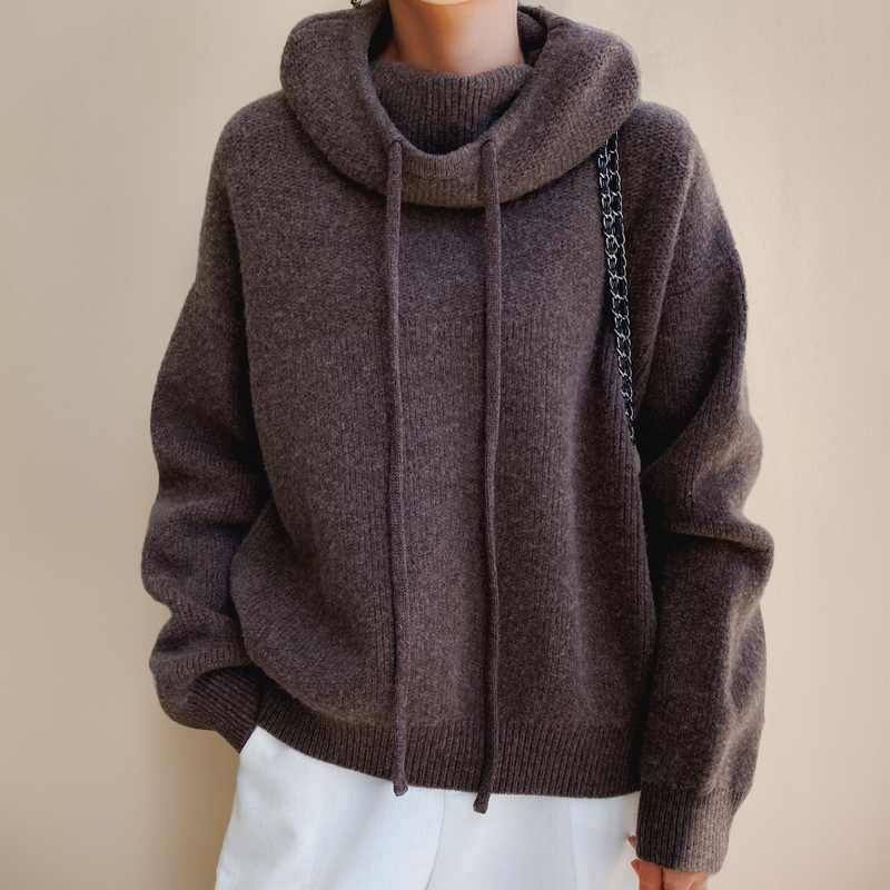 Oversized Knit Hoodie with High Neck and Drawstring