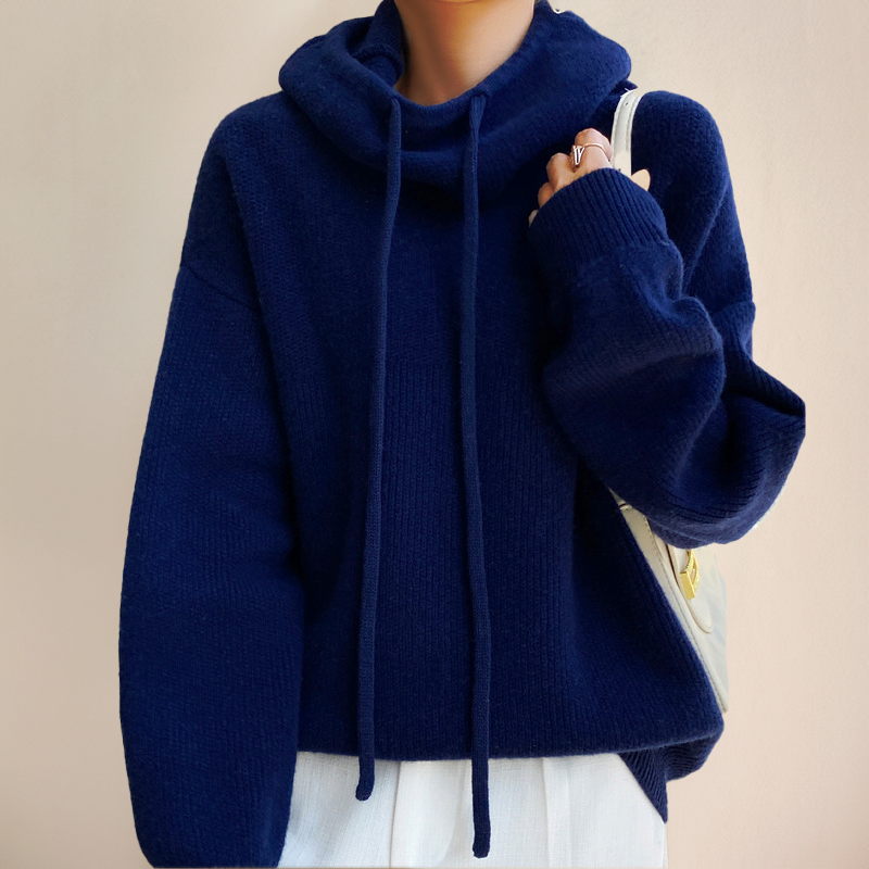 Oversized Knit Hoodie with High Neck and Drawstring