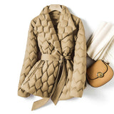Belted Quilted Puffer Jacket with Lapel Collar and Long Sleeves