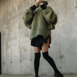 Oversized Chunky Knit Turtleneck Sweater with Balloon Sleeves